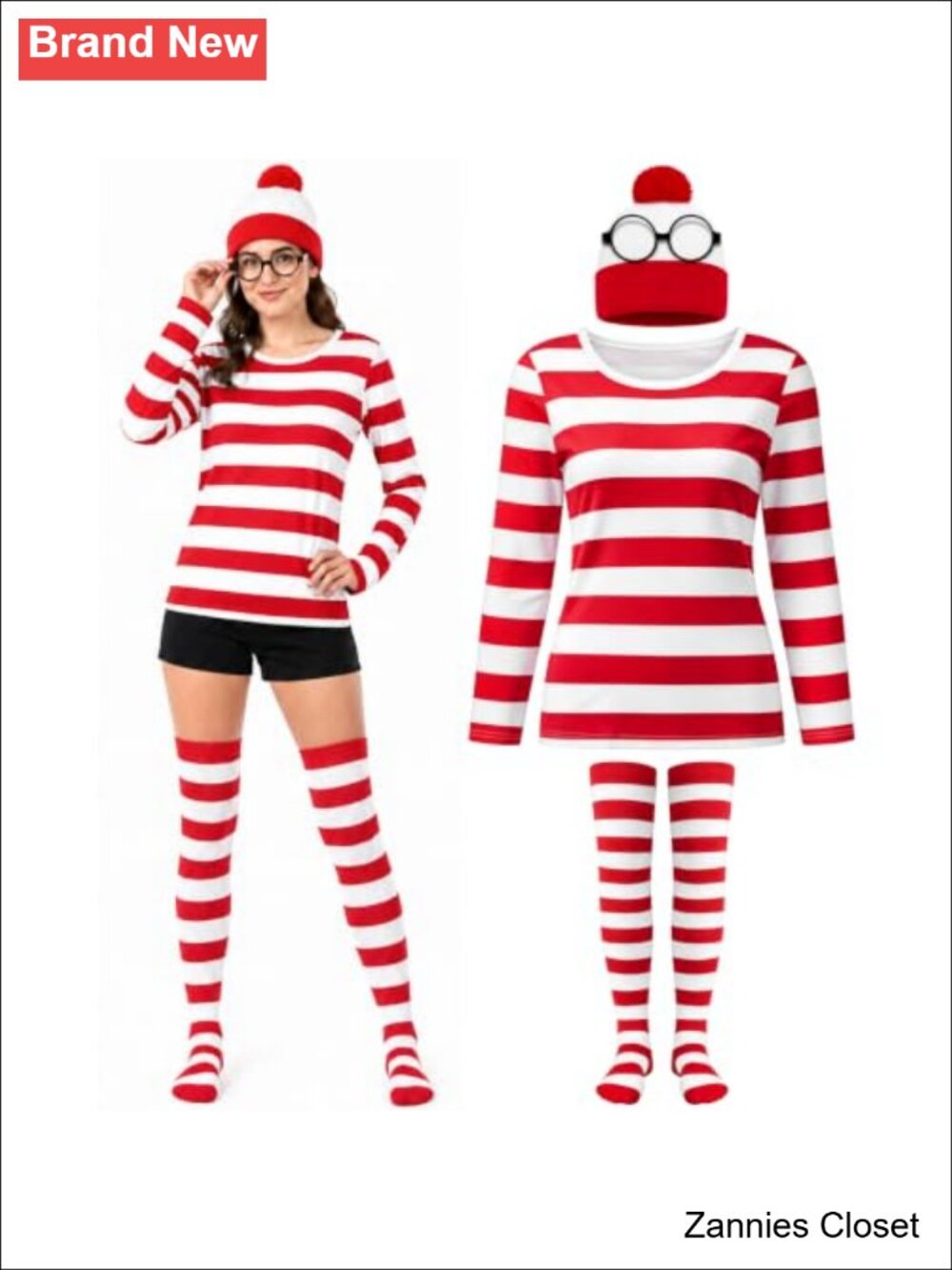 👻 4Pc Halloween Costume Set Striped Shirt Pom Hat Socks Glasses Cosplay